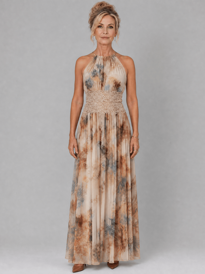 Halter neck maxi dress featuring a delicate lace waist and soft watercolor print, perfect for women seeking a lightweight and flowing long dress for casual or formal occasions 0